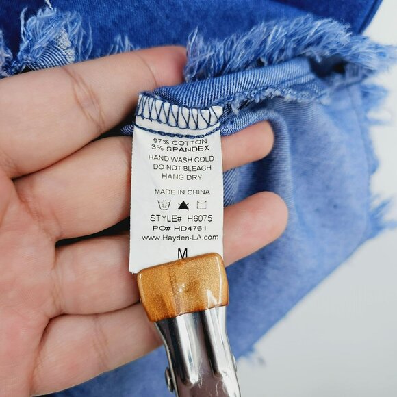 Hayden Los Angeles Dress M Blue Jean Denim Overall Knot Cotton Fringe Hem Boho - Picture 6 of 10